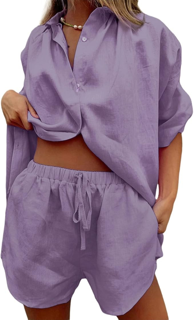 KANSOON Short Sets Women 2 Piece Outfits Casual Button Up Half Sleeve Blouse and Shorts Solid Col... | Amazon (US)