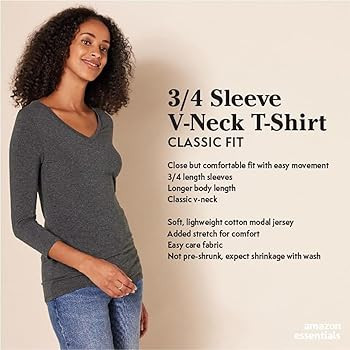Amazon Essentials Women's Regular-Fit 3/4 Sleeve V-Neck T-Shirt (Available in Plus Size), Multipa... | Amazon (US)