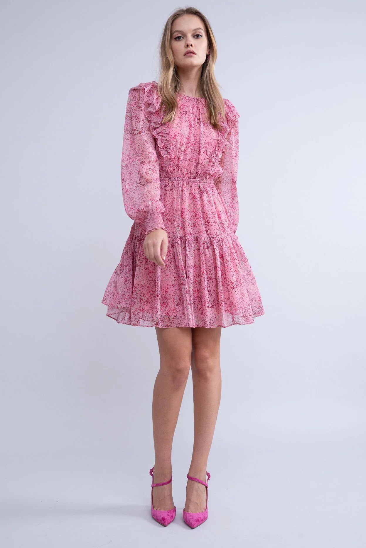 Long Sleeve Chiffon Fit and Flare Dress - Pink Ditzy | Rachel Parcell