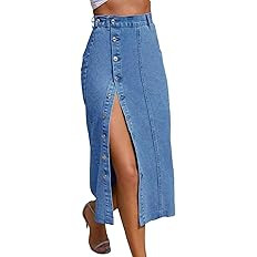 Women's Casual Split Denim Midi Jean Skirt Stretch High Waisted Button Up with Side Slit | Amazon (US)
