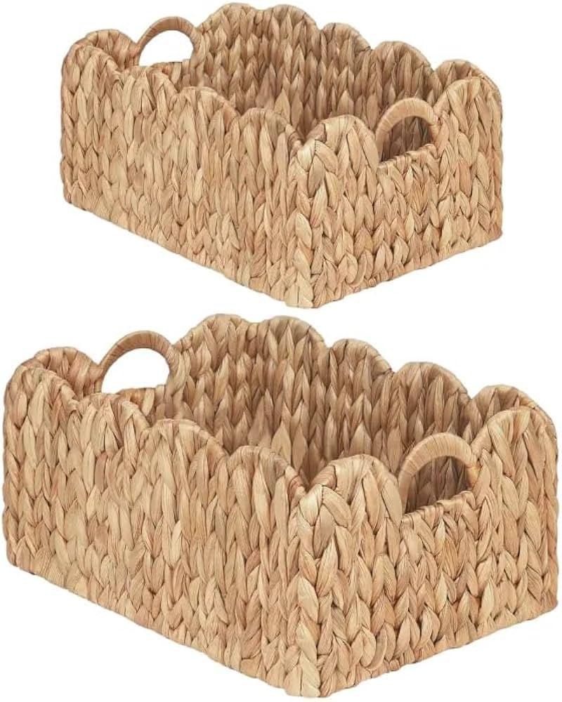 iEGrow Scalloped Wicker Basket, Set of 2 Woven Rattan Natural Water Hyacinth Baskets with Built-i... | Amazon (US)