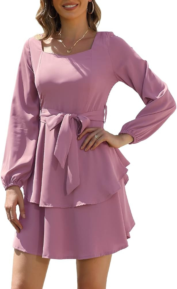 SouqFone Women Sweetheart Neckline Long Sleeve Dresses Ruffle Tiered Mini Dress Smocked Layered Form | Amazon (US)