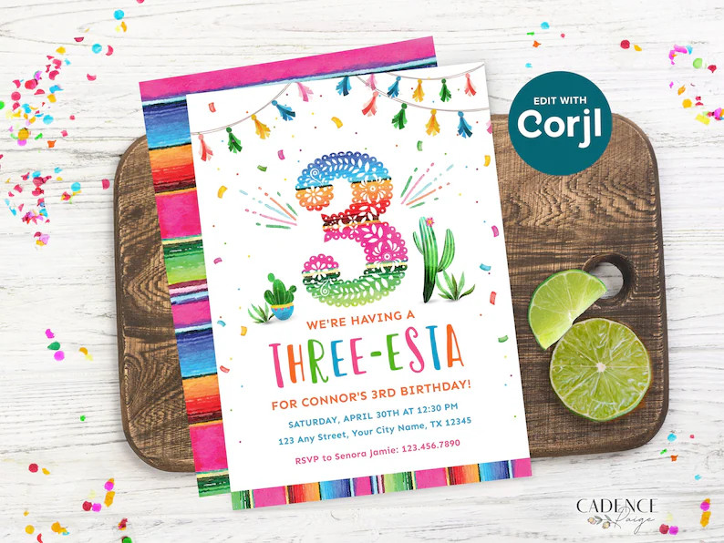3rd Birthday Party Invitation for 3rd Birthday Fiesta Birthday Invite for Three-esta 3rd Birthday... | Etsy (US)