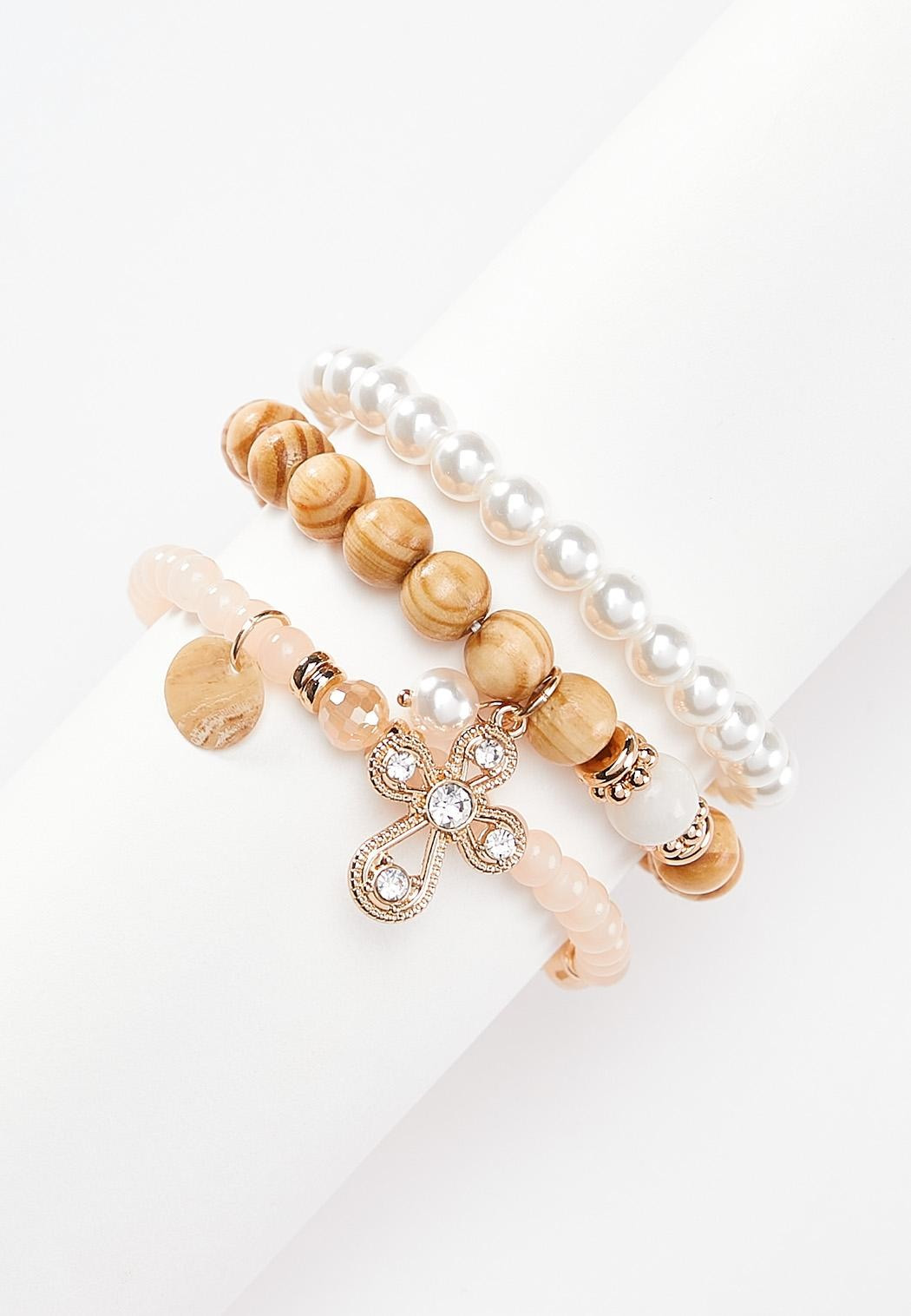 Triple Row Wood Pearl Bracelet Set | Cato Fashions
