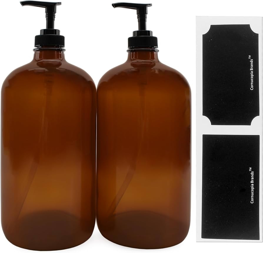 Amazon.com: 32-Ounce Amber Glass Lotion Pump Bottles (2-Pack); Quart Size Brown Bottles w/Black P... | Amazon (US)