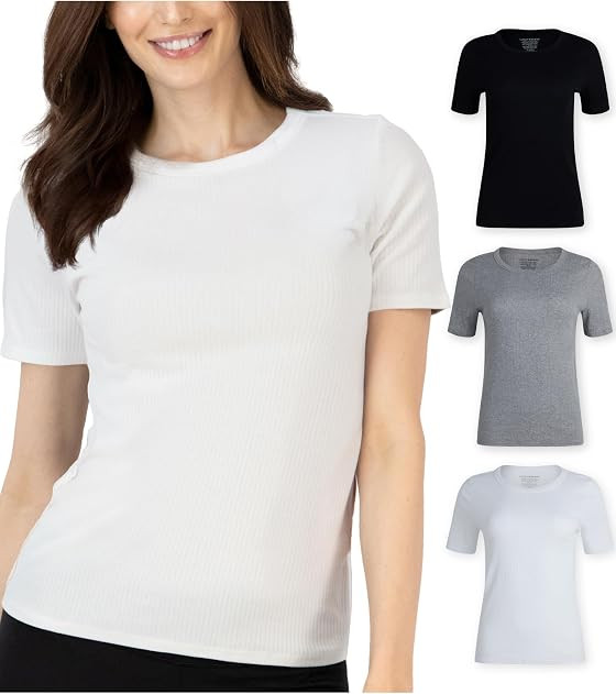 Lucky Brand Women's T-Shirt - 3 Pack Stretch Cotton Crewneck Ribbed Short Sleeve Shirt - Basic So... | Amazon (US)