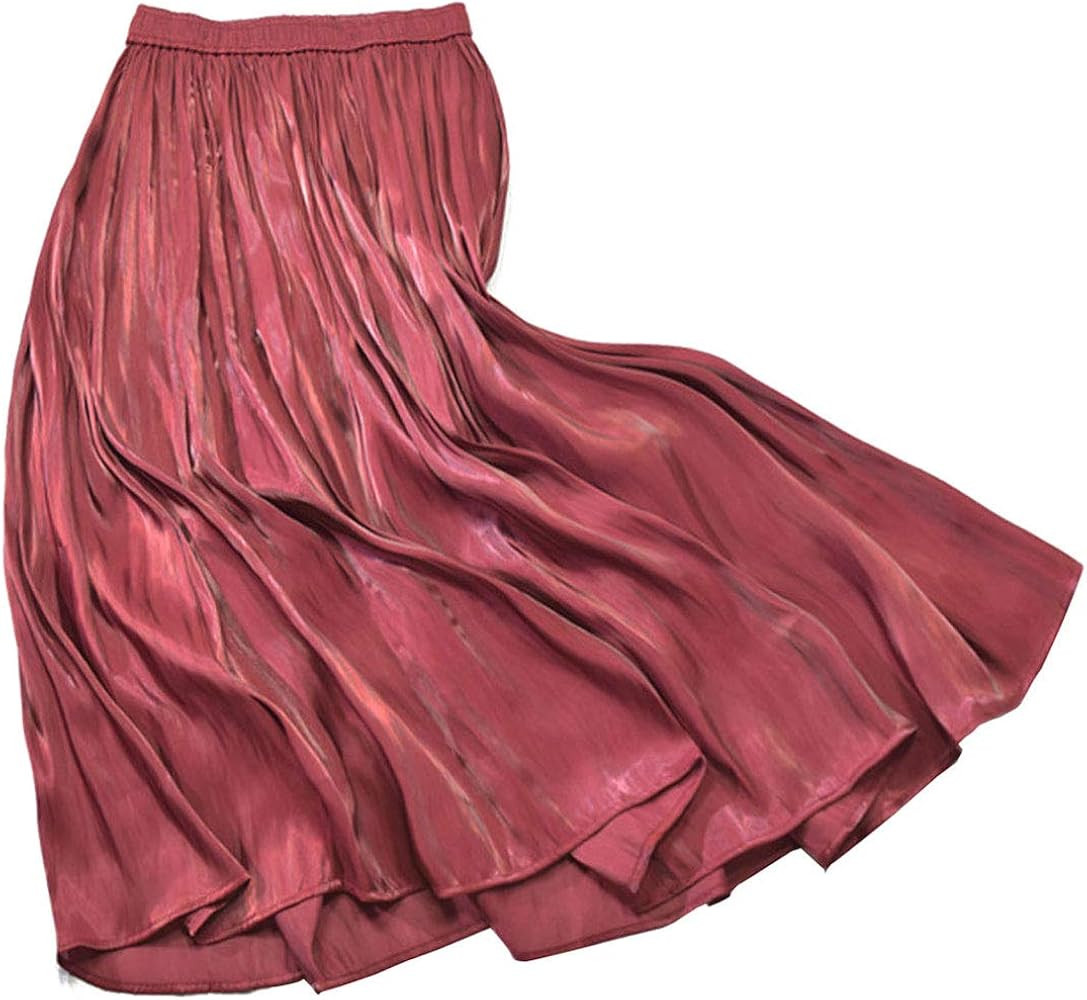 CHARTOU Womens Silky Lustrous Elastic Waist Pleated Accordion Midi Long Skirts | Amazon (US)