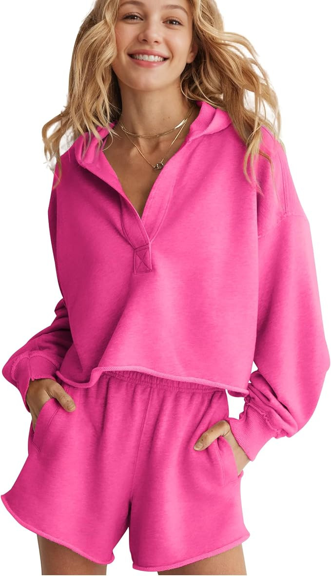 Women 2 Piece Outfits Long Sleeve Hooded Pullover Sweatshirt Elastic Waist Shorts Lounge Tracksui... | Amazon (US)