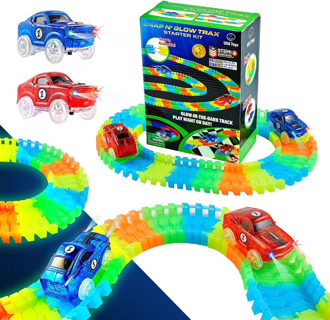 USA Toyz Glow Tracks Starter Kit Race Tracks and 2 LED Toy Cars - 216pk Glow in The Dark Bendable... | Amazon (US)