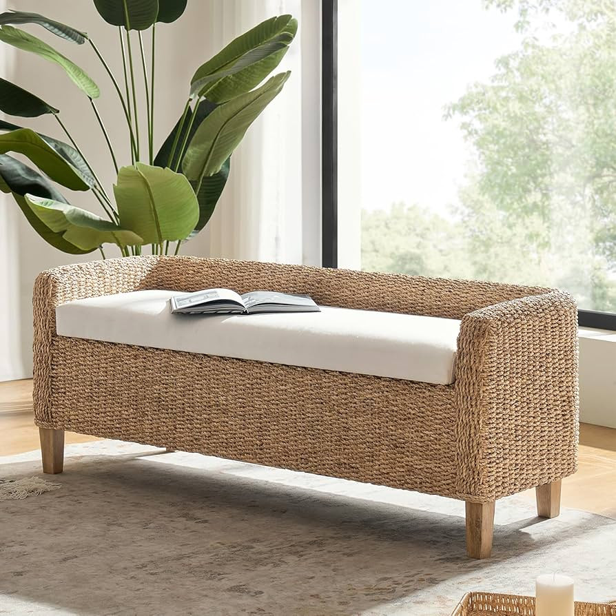HULALA HOME Natural Seagrass Bench with Compartments, Boho End of Bed Bench with Cushion | Amazon (US)