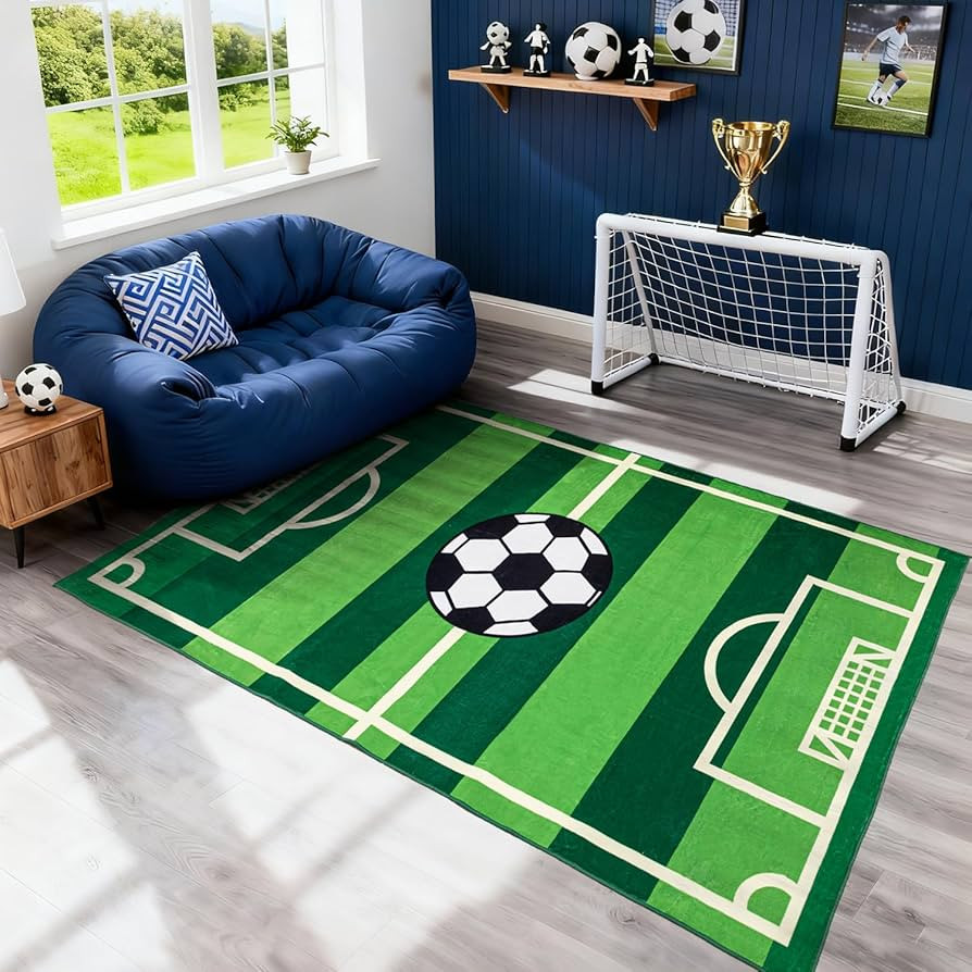 Soccer Field Area Rug Football Themed Carpet for Bedroom Playroom Green Sports Decor Mat with Soc... | Amazon (US)