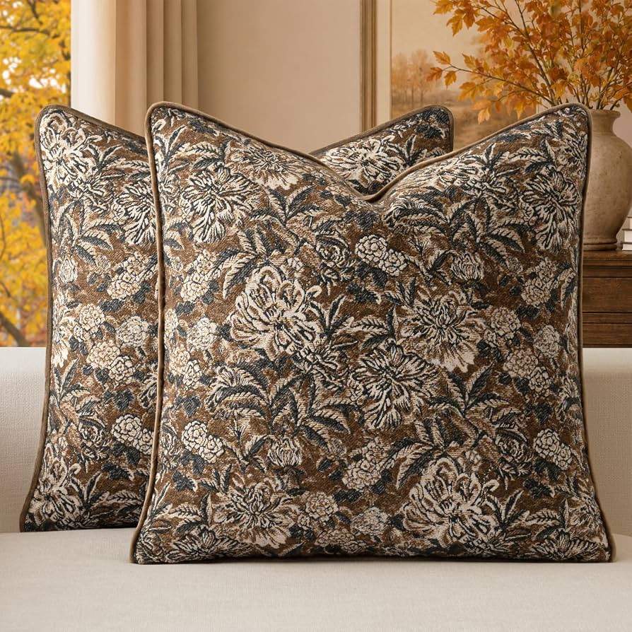 a moment Brown Vintage Floral Tapestry Pillow Cover 18x18 Inch, Jacquard Woven Decorative Throw P... | Amazon (US)