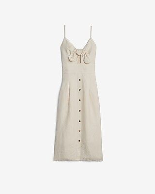 Linen-Blend Button Front Tie Midi Dress | Express