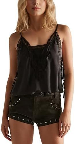 Women Satin Lace Cami Tops Summer Boho V Neck Spaghetti Strap Sleeveless Backless Tank Top Y2k Lo... | Amazon (US)