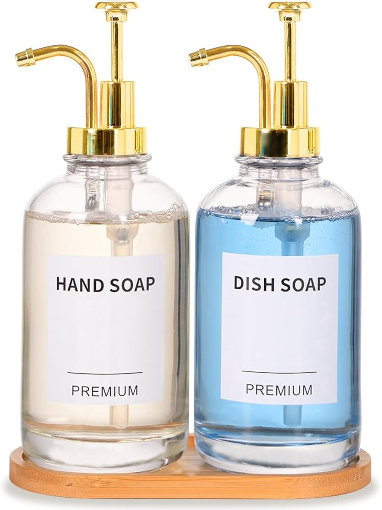 Dish Soap Dispenser for Kitchen, Hand Glass Soap Dispenser Set with Pump, Tray, Funnel for Bathro... | Amazon (US)