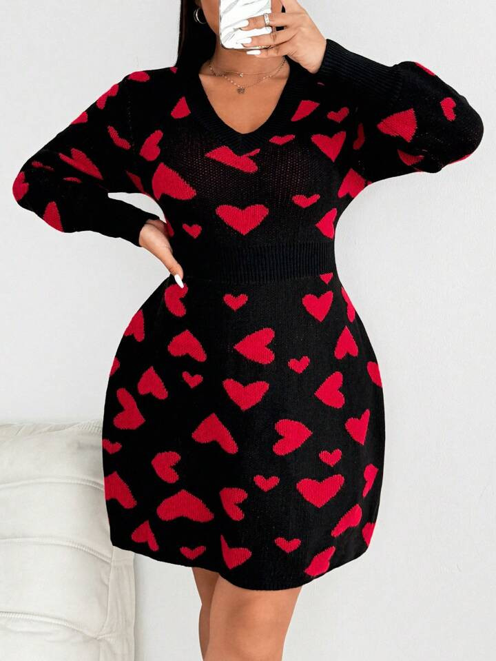 SHEIN MOOSTA New Niche Heart V-Neck Cinched Waist Long Sleeve A-Line Sweater Dress, Valentine's, ... | SHEIN