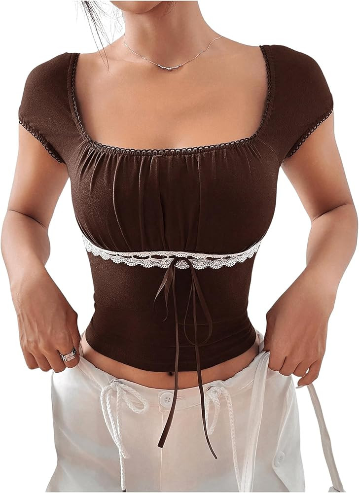 Floerns Women's Cap Sleeve Square Neck T Shirts Lace Trim Ruched Bust Tee Shirts | Amazon (US)