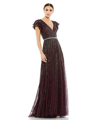 Mac Duggal Women's Sequined Wrap Over Ruffled Cap Sleeve Gown - Macy's | Macy's