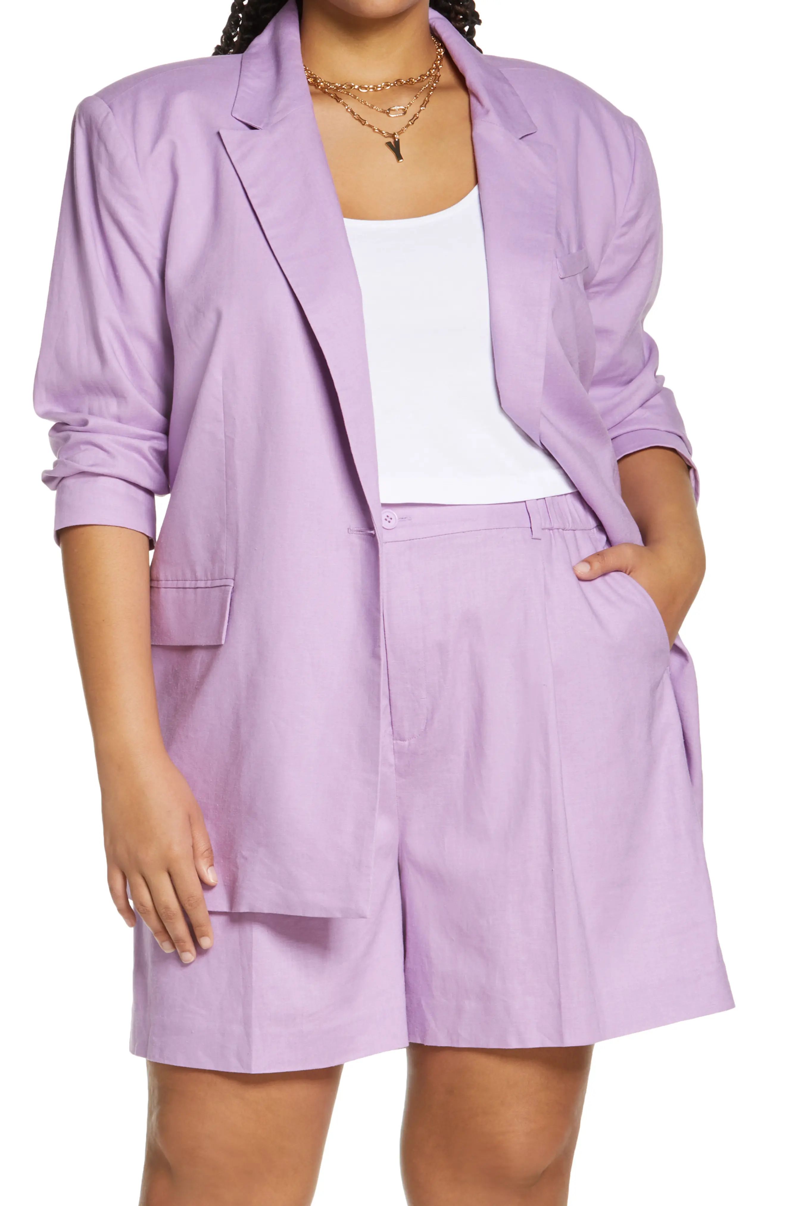 Open Edit Oversize Linen Blend Blazer in Purple Spectre at Nordstrom, Size 3X | Nordstrom