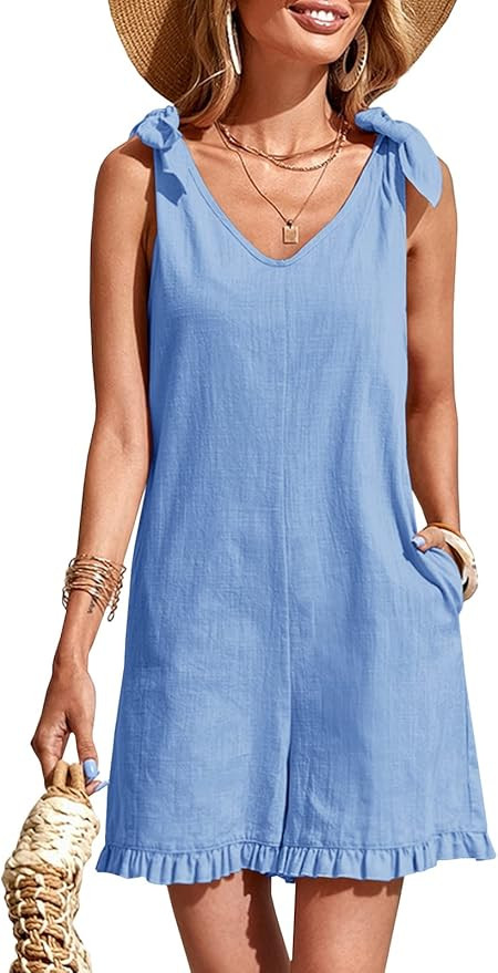 Womens Summer V Neck Rompers Casual Loose Sleeveless Shorts Jumpsuits Rompers with Pockets | Amazon (US)