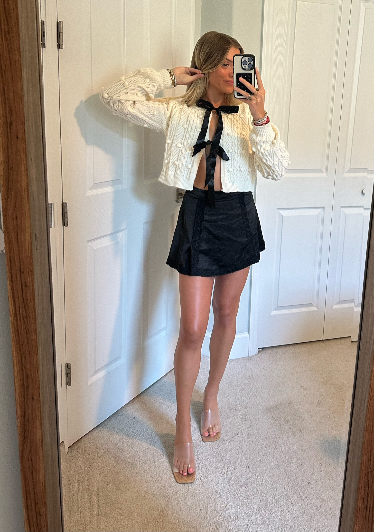 Black satin lace mini skirt. Cream bow front cropped sweater. 
Forever 21 Haul. Try on. #outfit #fashion #style #ootd #ootn #outfitoftheday #fashionstyle  #outfitinspiration #outfitinspo #fashionblogger #microinfluencer #fyp #lookbook #outfitideas #currentlywearing #styleinspo #trendy #trending #currentfashiontrend #fashiontrends #fallfashion #falltrends #falltrends2023 #2023trends outfit, outfit of the day, outfit inspo, outfit ideas, styling, try on, fashion, affordable fashion. New arrivals. Web exclusives. College. Casual. Mini dress. Fall fashion. Sweater. Romper. #forever21 #forever21finds #forever21haul #f21xme #forever21ambassador #foreverla #foreverbabe #forever21summer forever 21 try on haul. #tryonhaul 

#LTKU #LTKfindsunder50 #LTKstyletip
