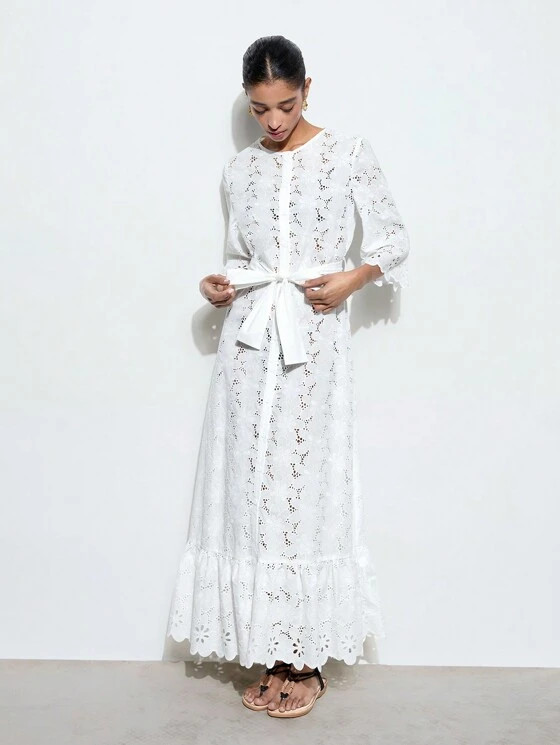 Maija Women's Summer Vacation Embroidered Hollow Lace Waist Tie Loose Mid-Sleeve Long Dress | SHEIN