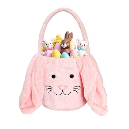 Easter Bunny Basket for Kids, Fluffy Easter Egg Hunt Bag Soft Fabric, Cute Rabbit Tote Bags with Long Plush Ear Easter Tote Bags for Candy Gifts Storage (Pink) | Amazon (US)