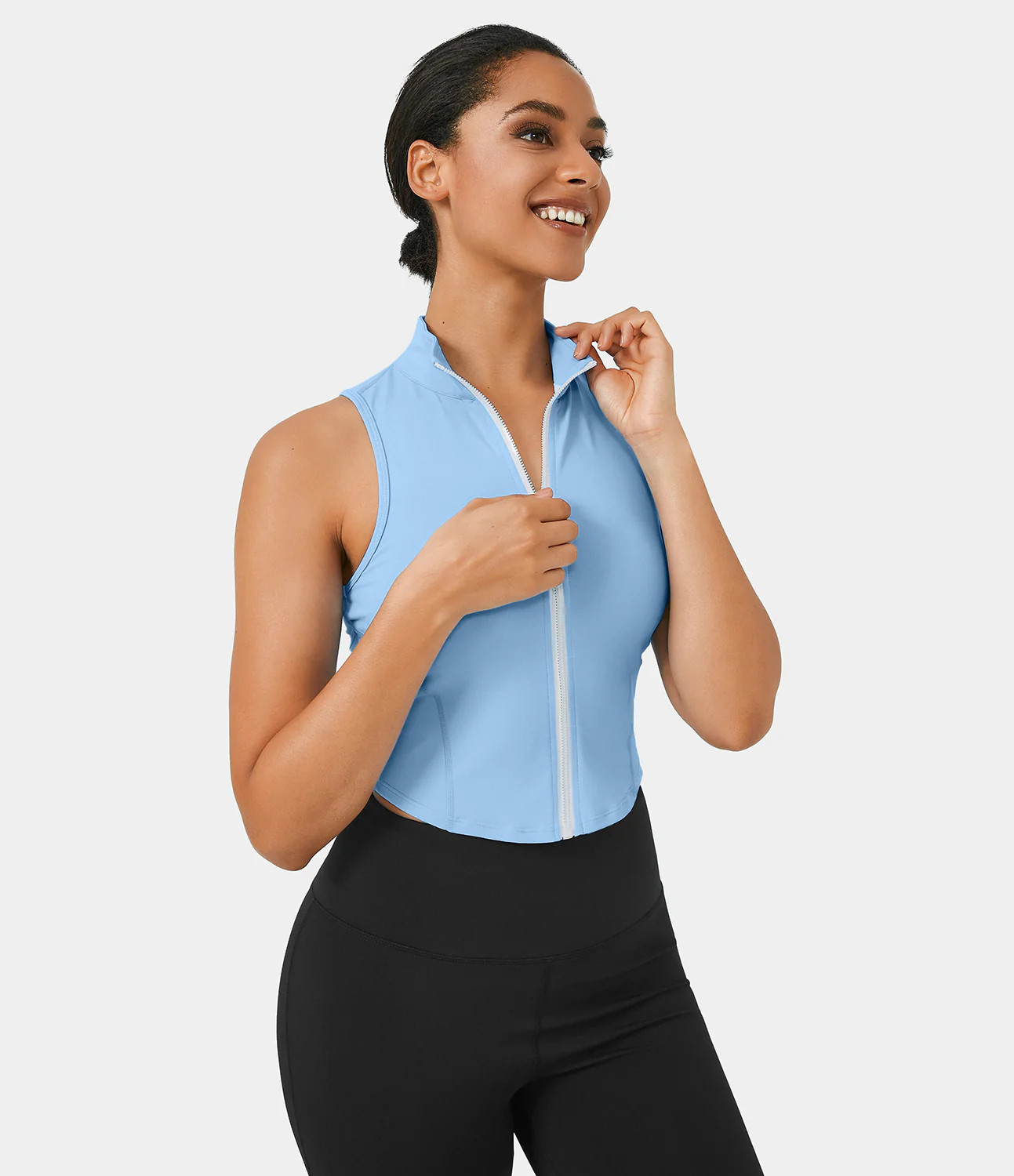 Halara Mock Neck Zip Front Sleeveless Cropped Tank Top Tank Top - Fresh Blue - XL golf tops halter t | HALARA