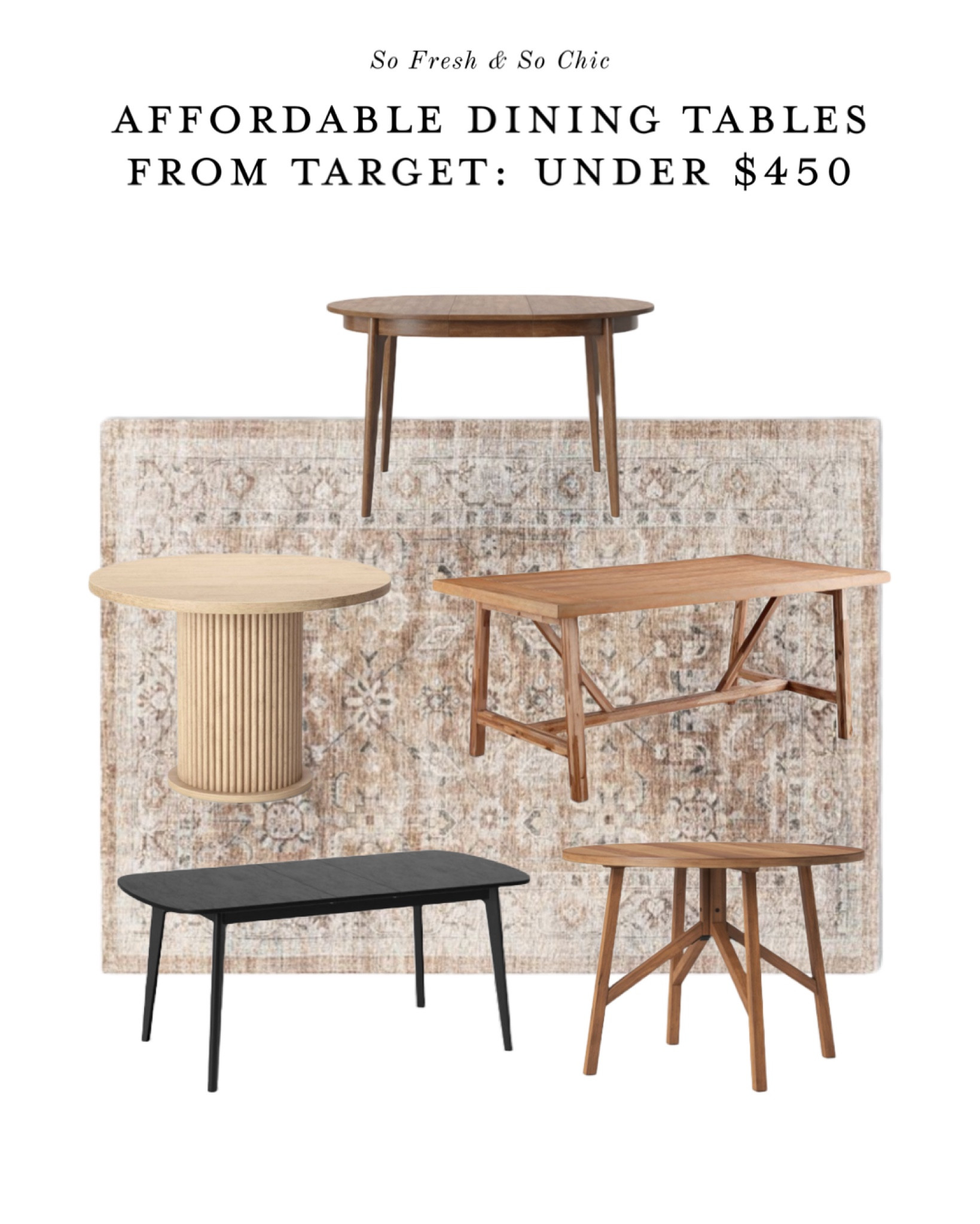 Affordable dining tables from Target under $450!
-
Dining room decor - dining room rug - large area rug - living room rug - bedroom rug - Studio McGee Target rug - neutral rug - black dining table drop leaf - brown round dining table - fluted pedestal dining table - rectangle farmhouse table - wood dining chairs - cane dining chairs - upholstered dining chairs - transitional dining room 

#LTKsalealert #LTKhome