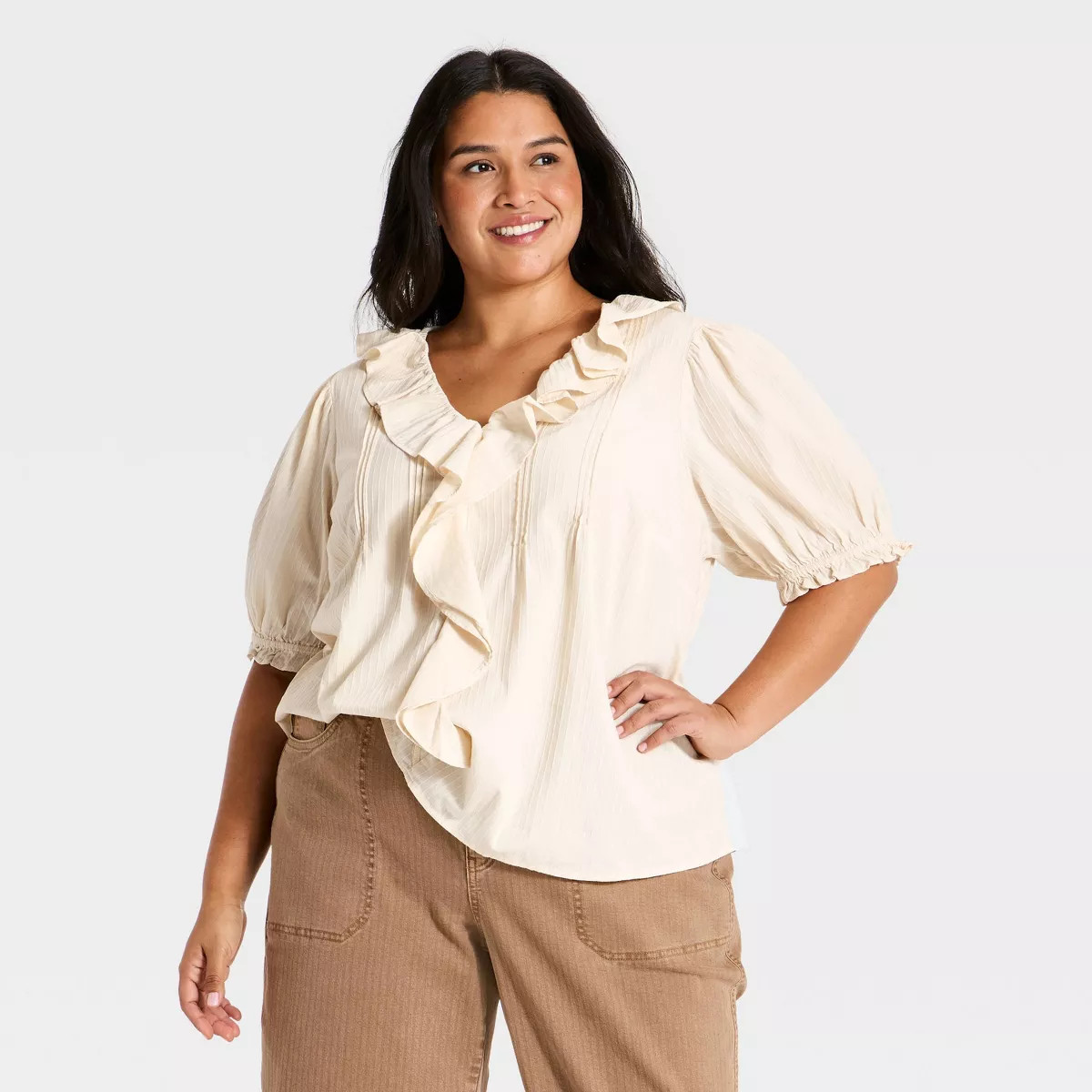 Women's Plus Short Puff Sleeve Ruffle V Neck Top - Ava & Viv\u2122 Cream 4X | Target