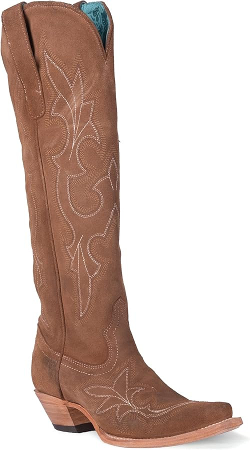 Corral Boots Womens Suede Tooled-Inlay Tall Snip Toe Casual Boots Knee High Mid Heel 2-3" - Brown | Amazon (US)