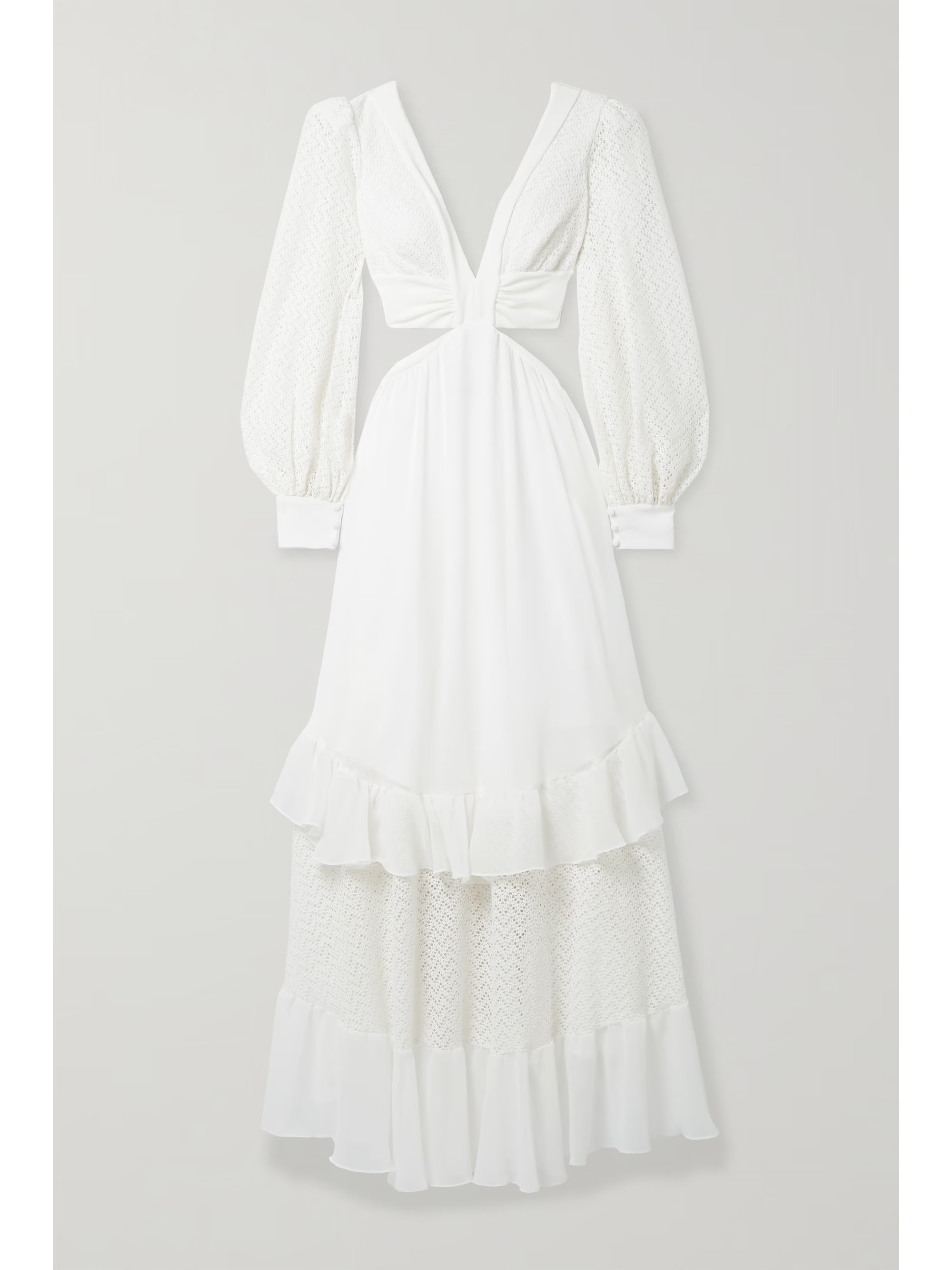 Cutout tiered crochet-knit and satin-jersey maxi dress | NET-A-PORTER (US)