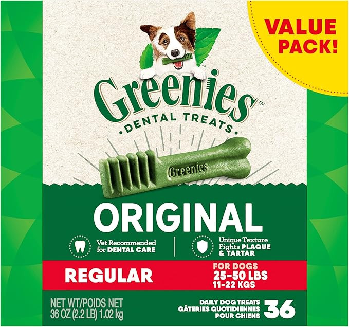 Greenies Original Regular Natural Dog Dental Care Chews Oral Health Dog Treats, 36 count (Pack of... | Amazon (US)
