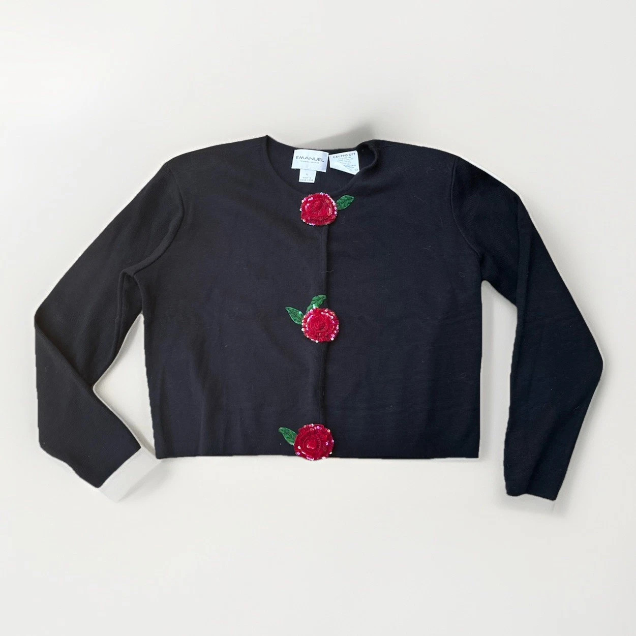 Vtg EMANUEL Ungaro Black Cardigan L Sequin Rose Button Crop Knit Sweater Flower | eBay | eBay US