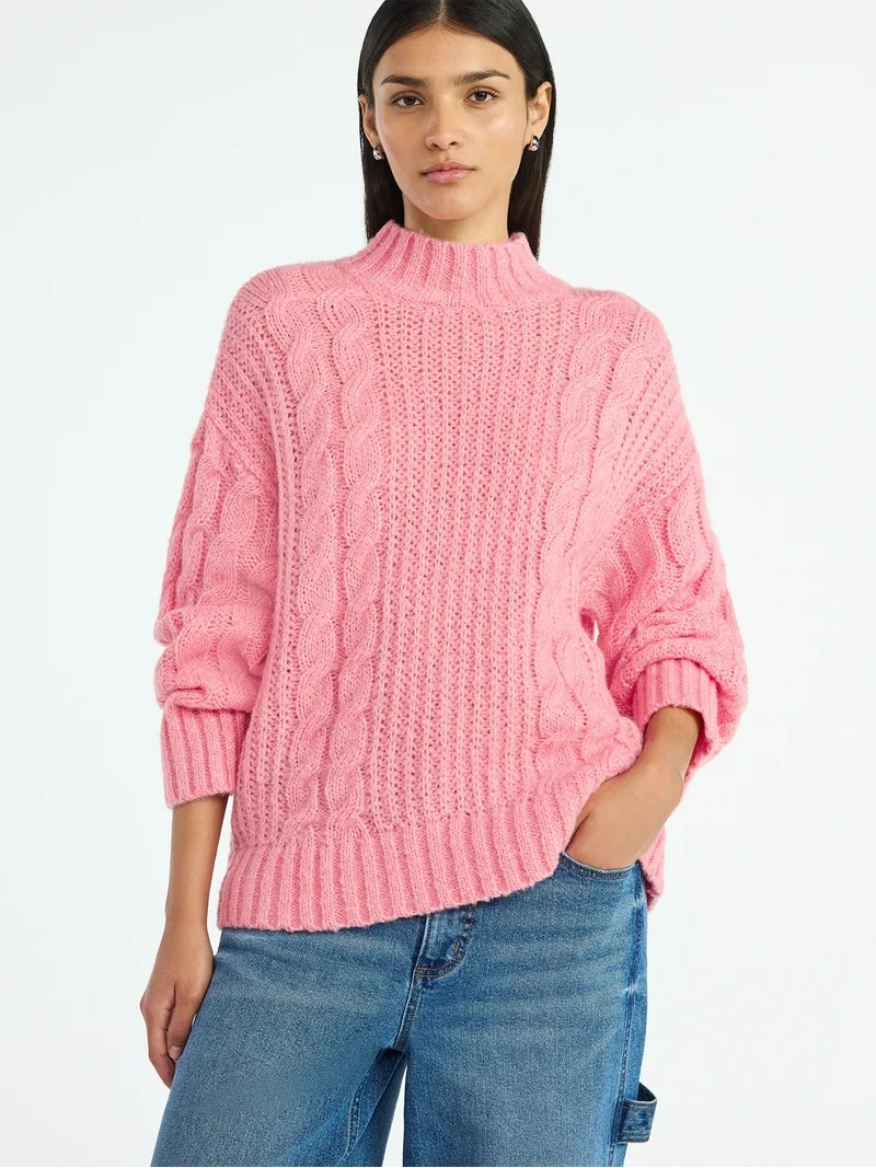 Scoop Women’s Oversized Cable Knit Sweater, Midweight, Size XS-XXL - Walmart.com | Walmart (US)