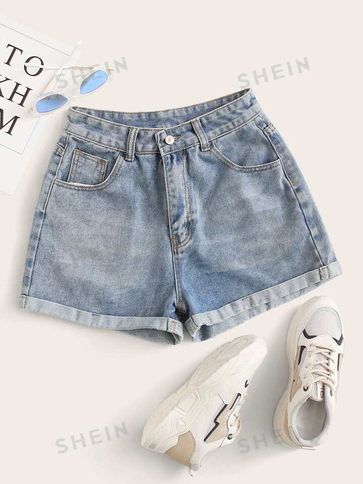 SHEIN EZwear Rolled High-Rise Denim Shorts | SHEIN