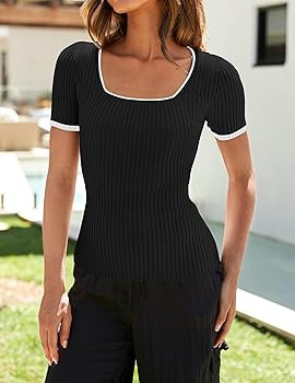 ZESICA Women's Short Sleeve Square Neck Color Block T Shirt 2025 Summer Slim Fit Ribbed Knit Basi... | Amazon (US)