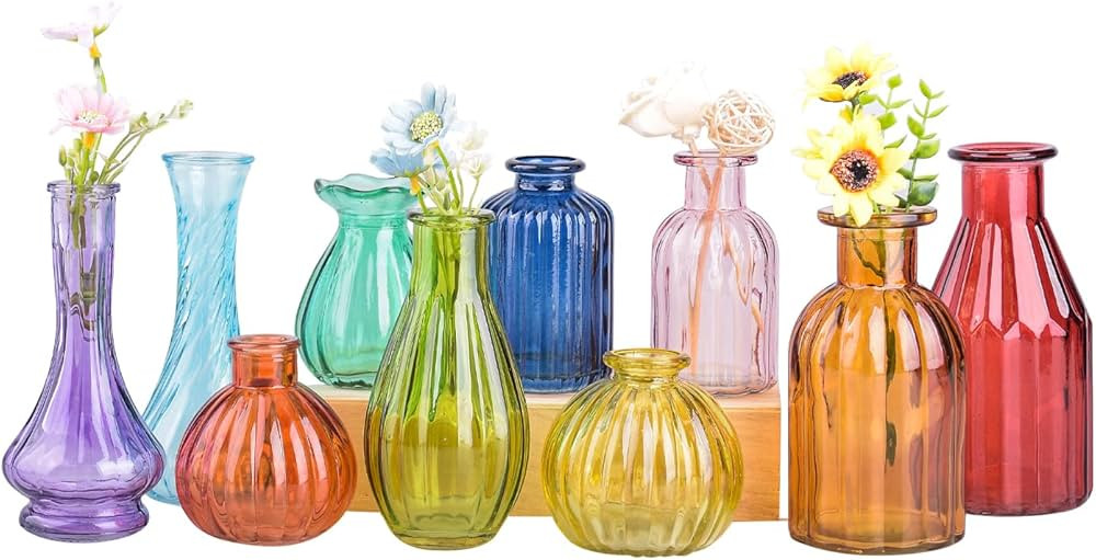 Eleganttime Bud Vases for Flowers,Glass Colored Bud Vase in Bulk Set of 10,Small Vintage Vase Bot... | Amazon (US)