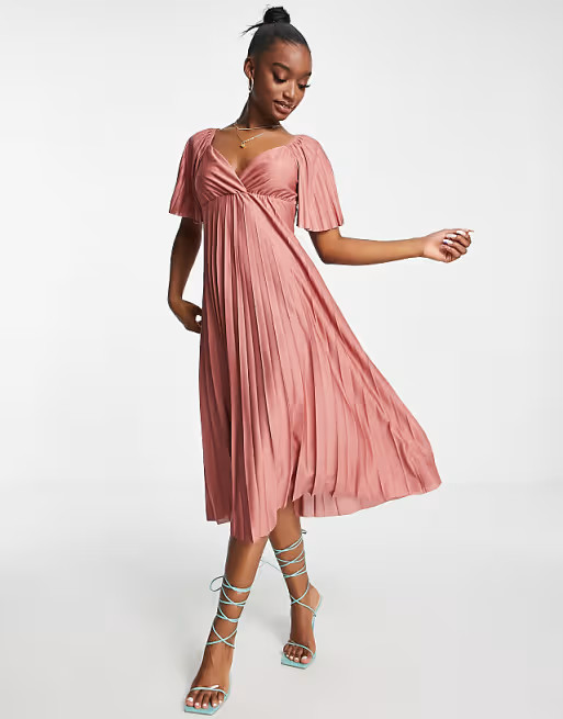 ASOS DESIGN pleated twist back cap sleeve midi dress in dark rose | ASOS (Global)
