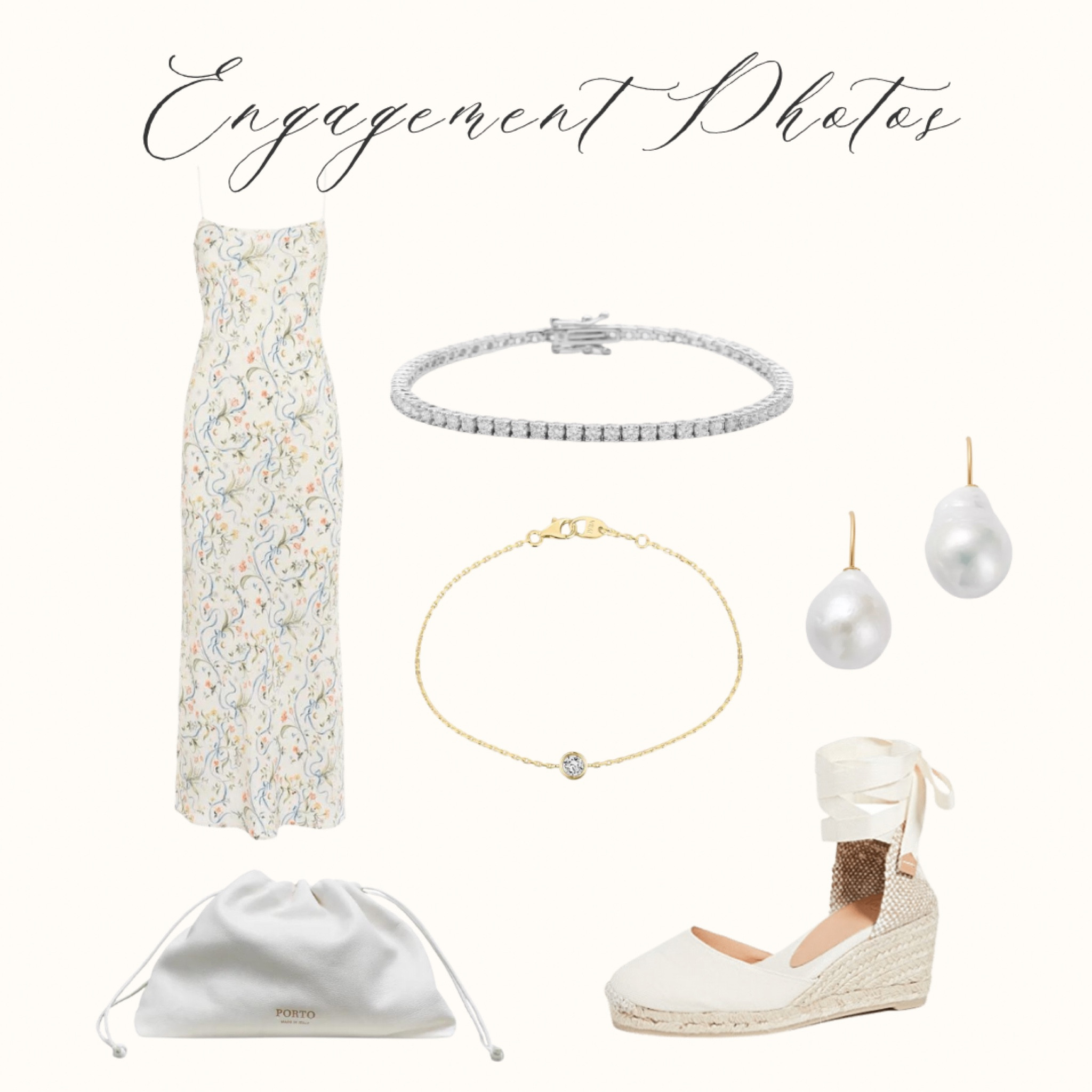 Classic engagement photo outfit, including Over the Moon x Riley Sheehey slip dress, tennis bracelet, gold diamond bracelet, pearl earrings, white Castañer espadrilles, & white Italian leather handbag 

#LTKshoecrush #LTKstyletip #LTKwedding