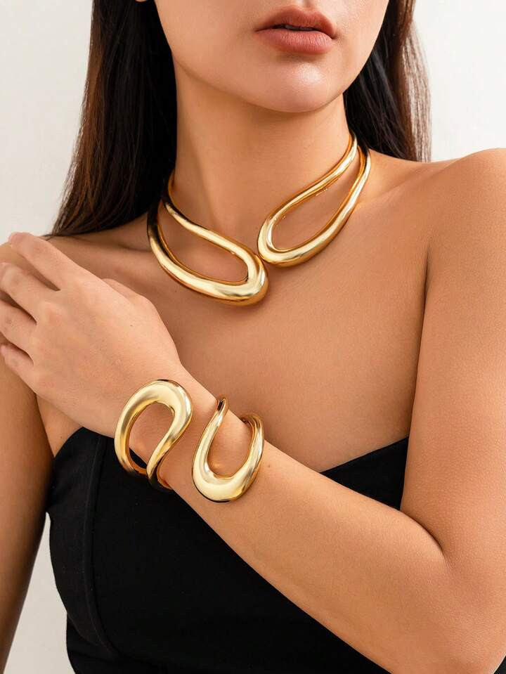 1pc Vintage Irregular Multi-Layer Hollow Out Simple Alloy Choker Necklace & Bracelet Gold/Silver ... | SHEIN