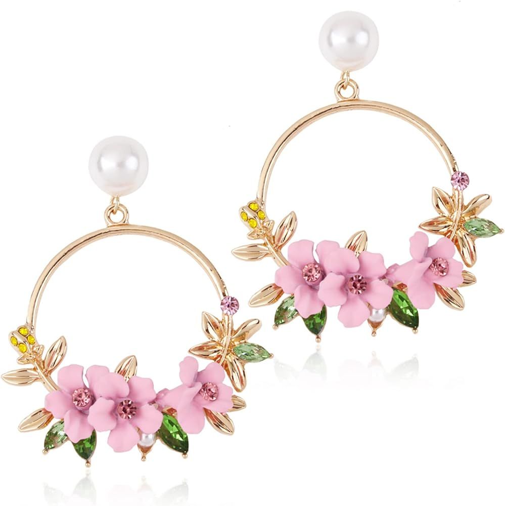 ONLYJUMP Boho Flower Stud Hoop Earrings for Women Fashion Matte Floral Pearl Dangle Earring Uniqu... | Amazon (US)