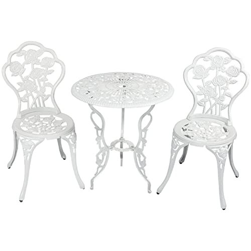 Sunnydaze 3-Piece Flower Designed Bistro Table Set with 2 Chairs, Outdoor Cast Aluminum, White | Amazon (US)