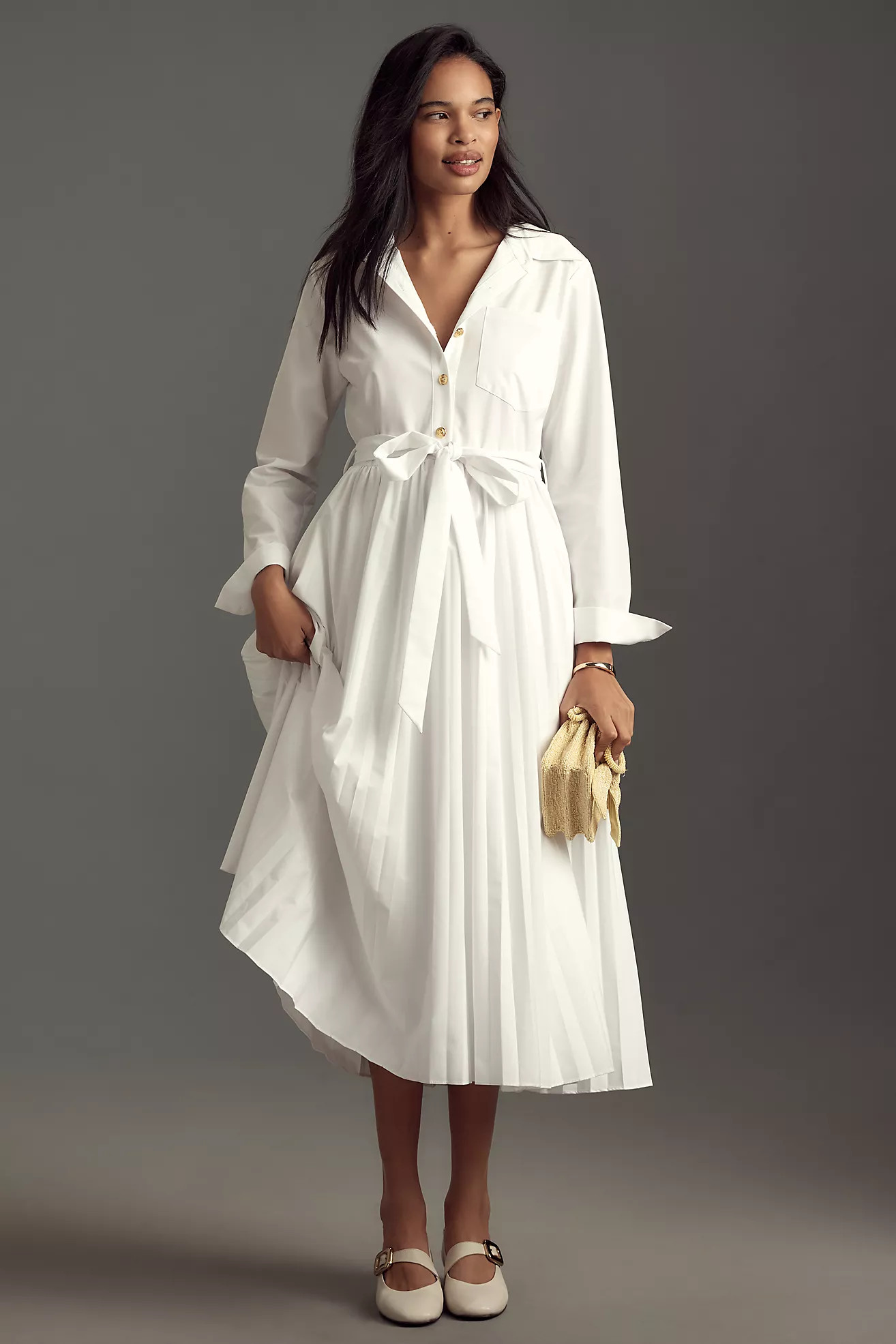 English Factory Long-Sleeve Pleated A-Line Midi Shirt Dress | Anthropologie (US)