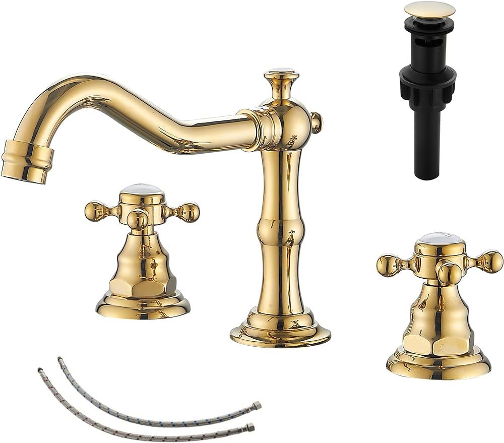 GGStudy 2 Handles 3 Holes Faucet Widespread Bathroom Sink Faucet Polished Gold Basin Tap Mixer Su... | Amazon (US)