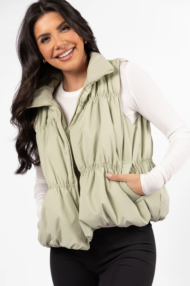 Mountain High Sage Ruched Puffer Vest SALE | Pink Lily