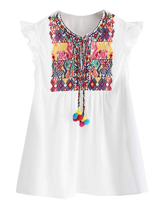 Floerns Women's Sleeveless Ruffle Striped Embroidered Pom Pom Tie Neck Blouse | Amazon (US)