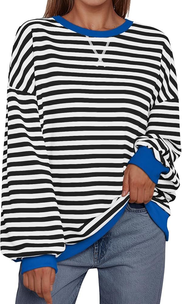 Trendy Queen Oversized Sweatshirt for Women 2024 Fall Crewneck Striped Long Sleeve Shirts Hoodies... | Amazon (US)