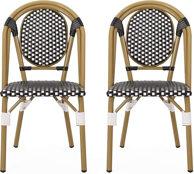 Christopher Knight Home Gwendolyn Outdoor French Bistro Chairs (Set of 2), Black + White + Bamboo... | Amazon (US)