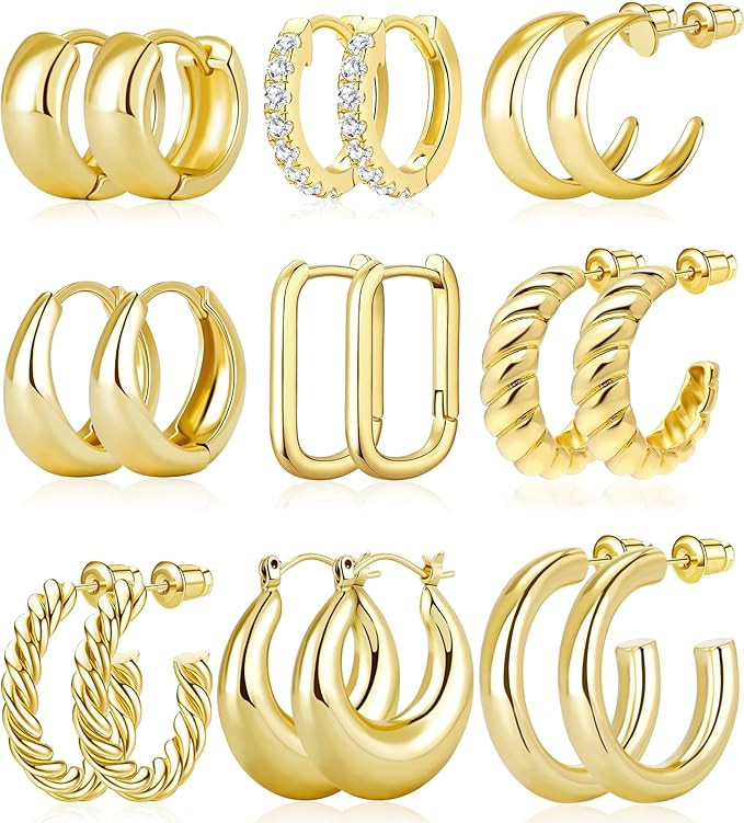 Adoyi Gold Hoop Earrings, 9 Pairs Gold Hoops Earrings Small Chunky Huggie Hoop Earrings Set for W... | Amazon (US)